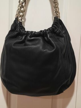 Black Leather Shoulder Bag with Silver Chain Handle
